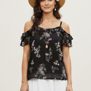 FRESHMAN Floral cold Shoulder Blouse Cottagecore Top in Black Boho Chic XSMALL
